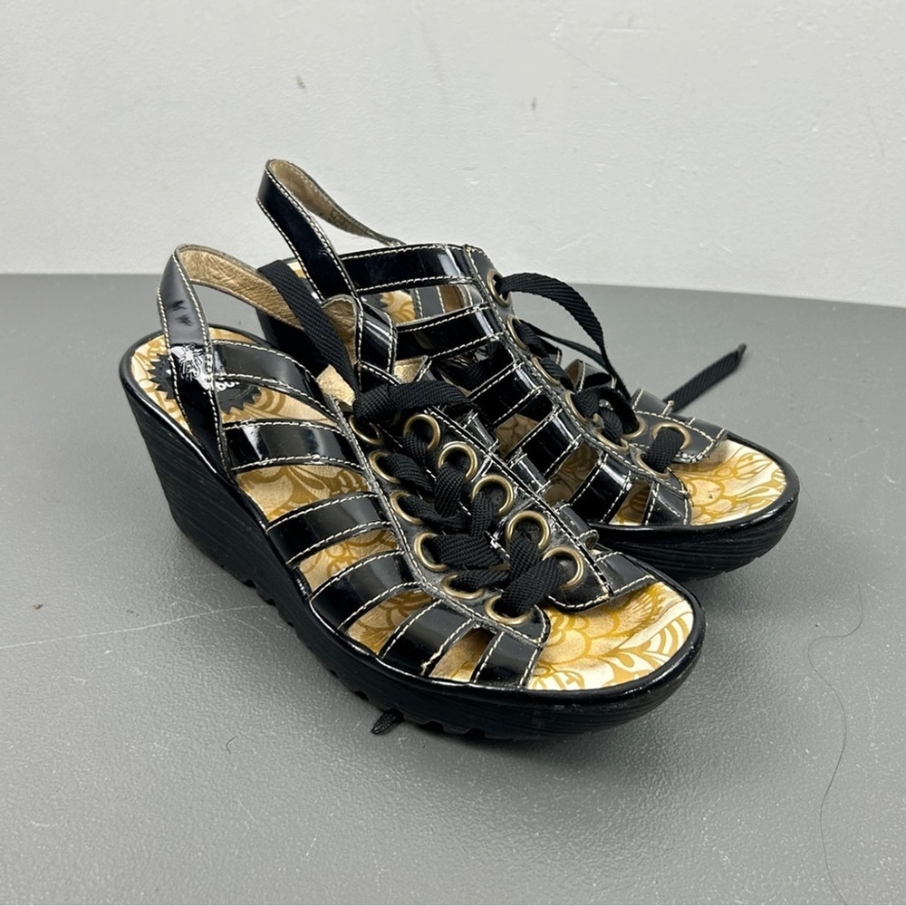 Fly London Patent Leather Lace-Up Wedges